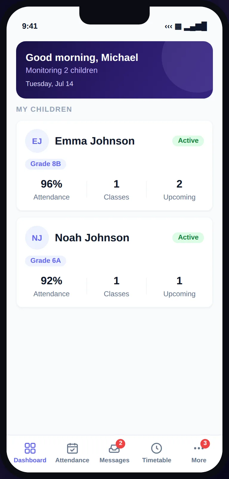 Skoolia parent app: a child’s attendance and fee summary