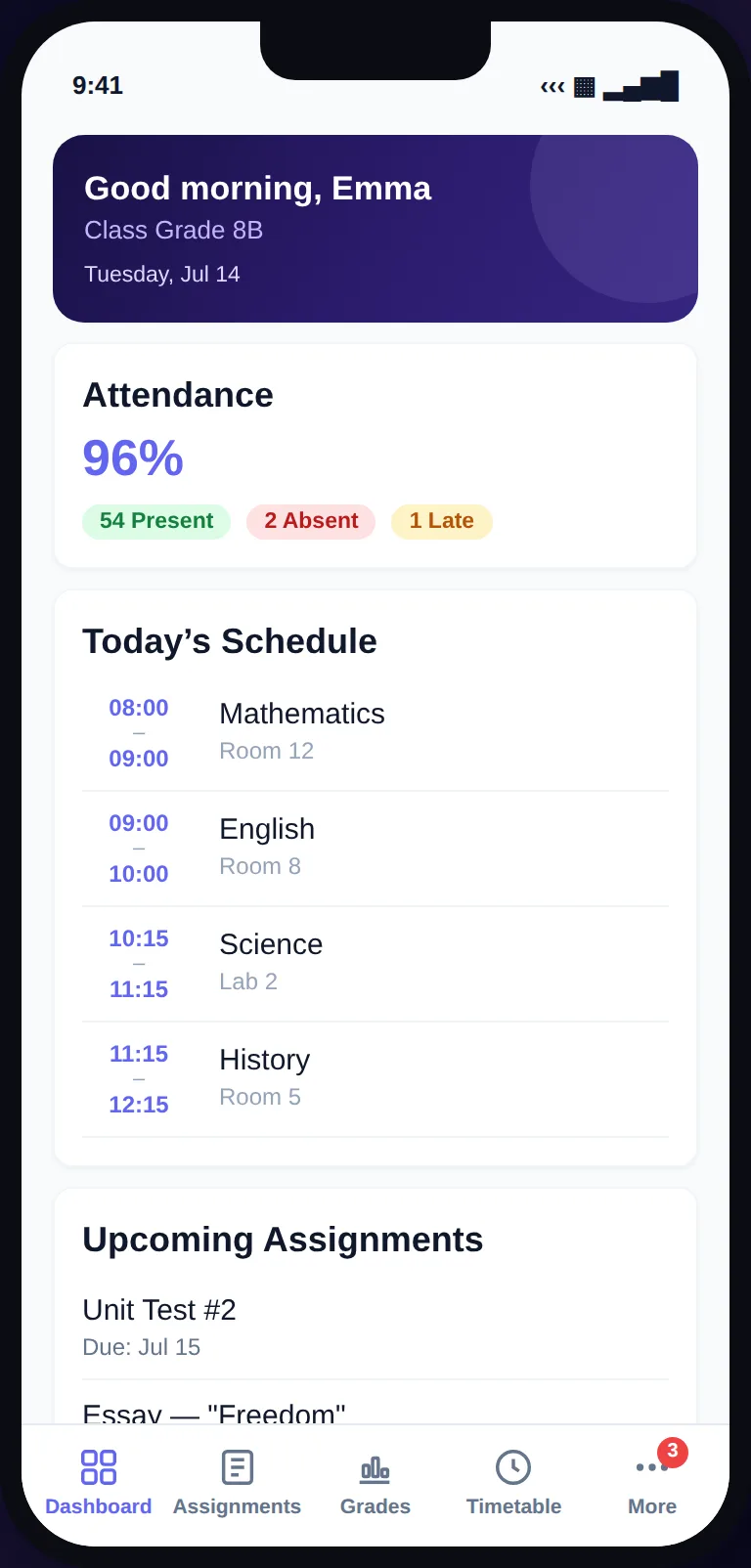 Skoolia student app: today’s timetable and assignments