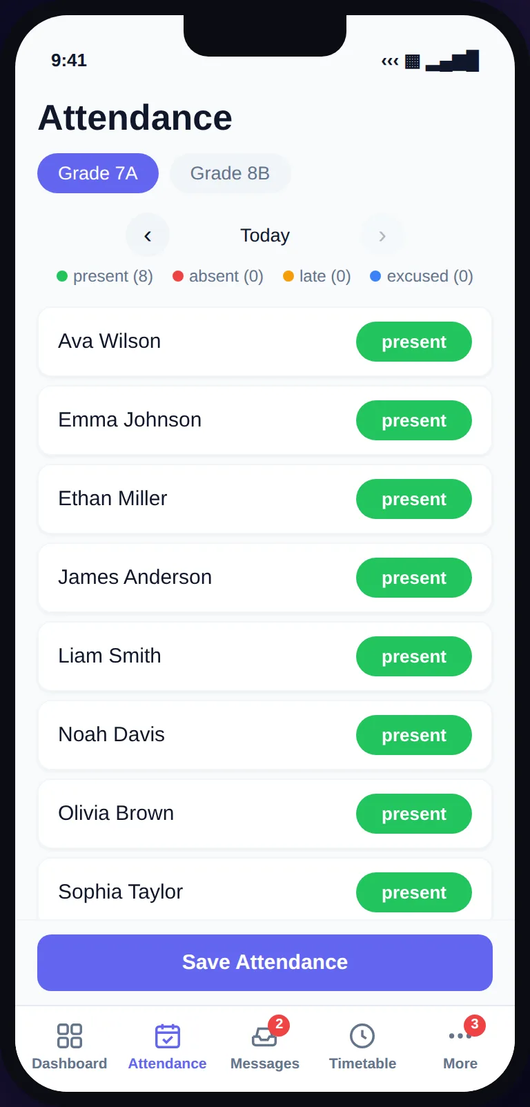 Skoolia teacher app: taking a class attendance register
